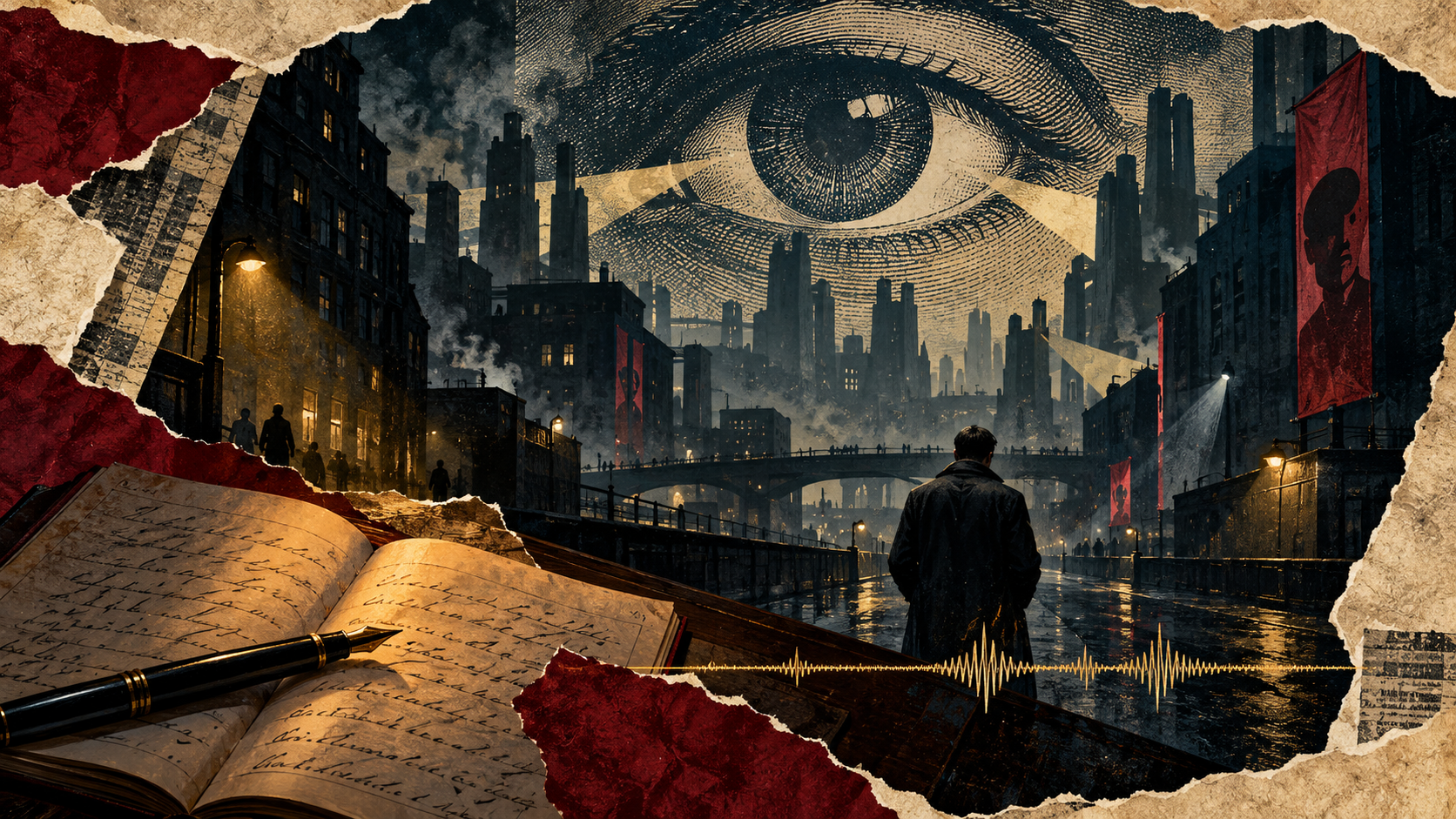 Torn-paper collage of a watched city, a giant surveillance eye and a handwritten diary beside a gold sound wave.