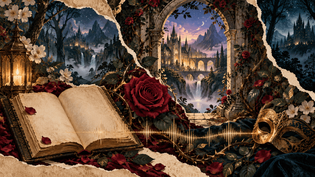 Paper collage of a rose and thorn-covered archway opening onto a fairy court, with a book and a gold sound wave in the foreground.