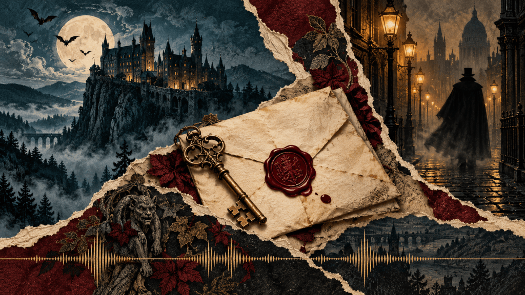 Torn-paper collage of a Transylvanian castle, a shadowed vampire silhouette and a sealed letter crossed by a gold sound wave.