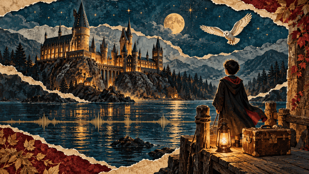 Paper collage of a young wizard with a trunk looking across a moonlit lake toward Hogwarts, with an owl and a gold sound wave.
